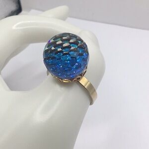 VINTAGE RING FACETED GLASS PRISM CLEAR TO BLUE RAINBOW DISCO BALL ADJUSTABLE